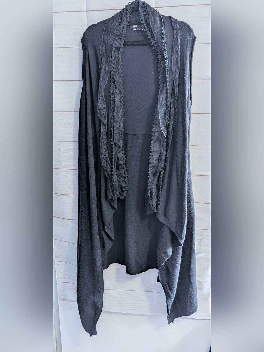 BCBG Maxazria Black Draped Open-Front Cardigan With Vintage Style Lace Collar M